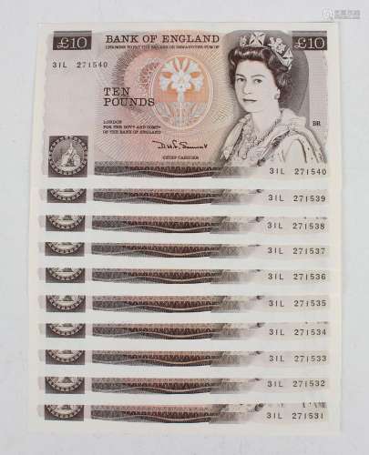 A consecutive run of nine Elizabeth II Bank of England ten p...