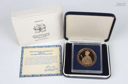 A Jamaica gold proof two hundred and fifty dollars commemora...