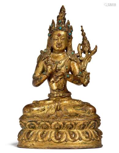 MAITREYA.Tibet, 17e siècle. H 20 cm.Alliage de cuivre doré a...