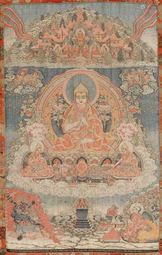 THANGKA TISSÉ DE TSONGKHAPA.Chine, vers 1930, 68 × 41 cm.Au-...