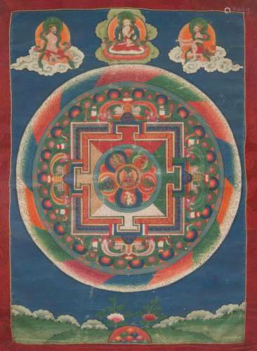 THANGKA MANDALA.Tibet, 18e/19e s. 54 x 38 cm.Au centre, Vajr...