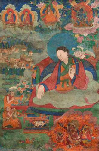 THANGKA DU GOUROU DROMTONPA.Tibet, 18e siècle. 100 × 65 cm.L...