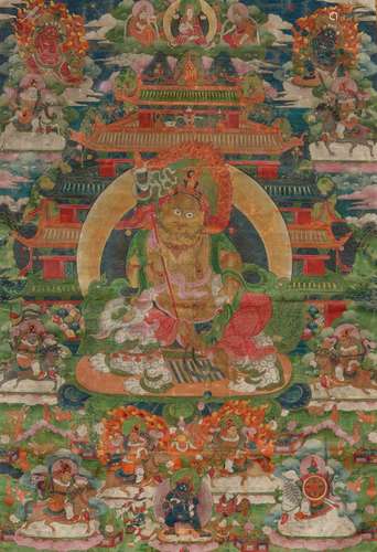 THANGKA DU JAMBHALA.Tibet, 19e s. 85 x 56 cm.Le dieu de la r...