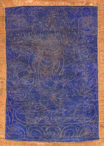 THANGKA À FOND BLEU DU MAHAKALA.Tibet, 19e siècle. 42 × 29 c...