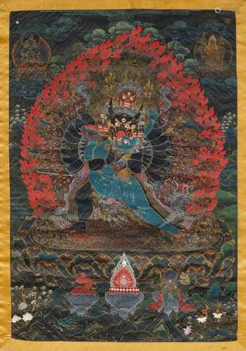 THANGKA À FOND NOIR DU YAMANTAKA.Tibet, 18e s. 63 × 43 cm.Da...