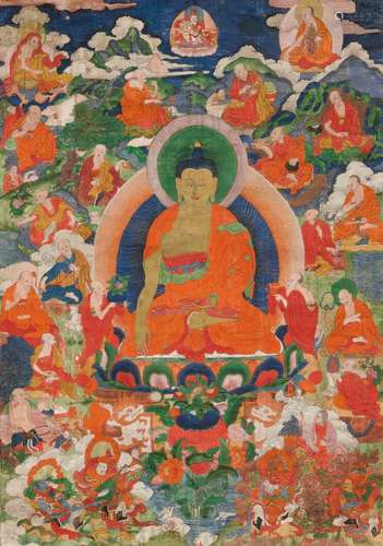 THANGKA DE SHAKYAMUNI AVEC ARHATS.Tibet, 19e siècle. 68 x 49...