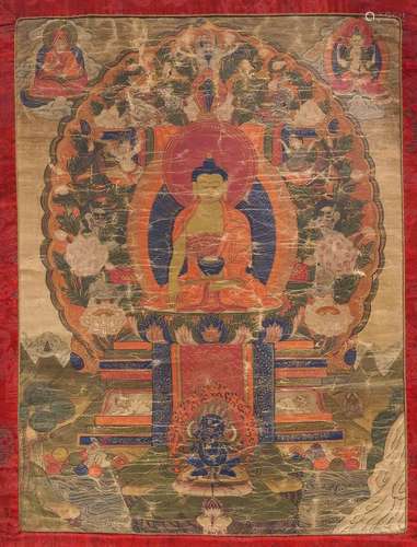 THANGKA DU BOUDDHA SHAKYAMUNI.Tibet, 18e siècle. 44 × 33 cm....