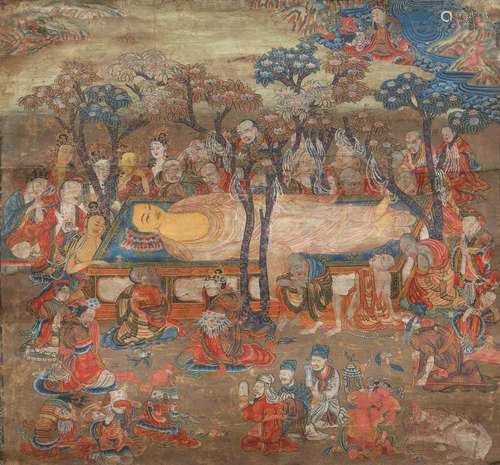 RARE PEINTURE DE PARINIRVANA.Chine, 18e/19e s. 30 x 33 cm.Le...