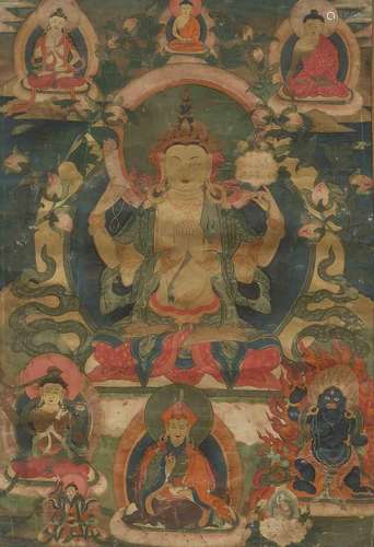 THANGKA D'AVALOKITESHVARA SHADAKSHARI.Tibet, 19e s. 63 x 42 ...