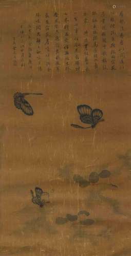 PEINTURE DE TROIS PAPILLONS.Chine, dynastie Qing, 77,5 × 39,...