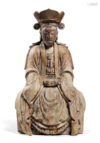 BODHISATTVA ASSIS.Chine, dynastie Ming, H 29,5 cm.Bois avec ...