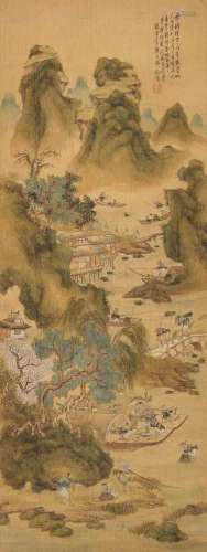 PEINTURE DE PAYSAGE AVEC PÊCHEURS.Chine, 19e siècle. 94 x 35...