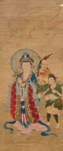 PEINTURE FINE DE GUANYIN AVEC DEUX FIGURES D'ACCOMPAGNEMENT....