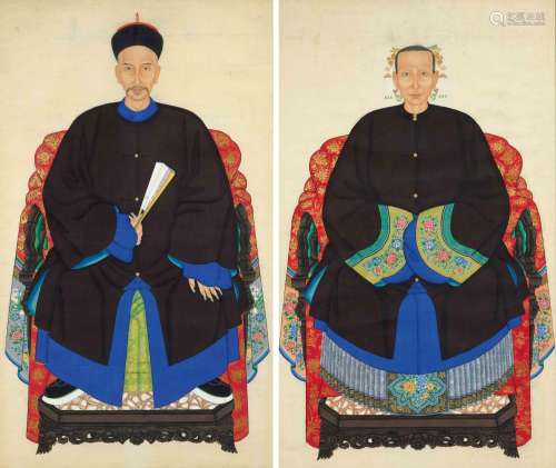 PAIRE DE PORTRAITS D'ANCÊTRES.Chine, 19e siècle. 151 x 89 cm...