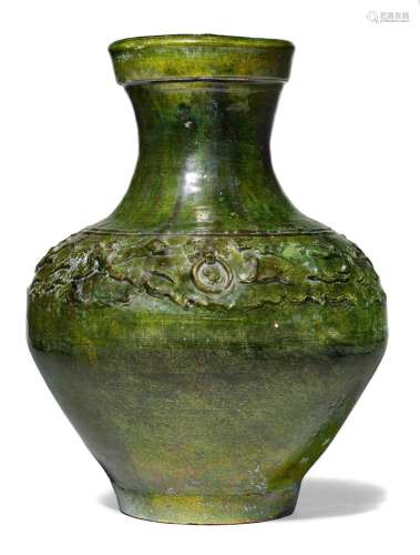 VASE HU VERT.Chine, dynastie Han, H 45 cm.Vase à panse, band...