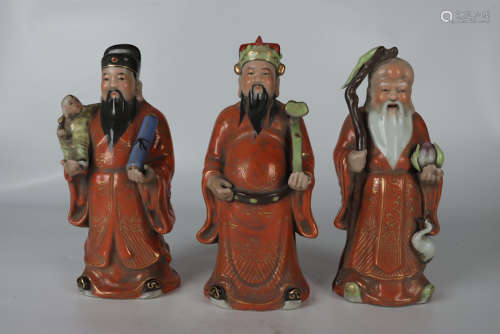 民国雕塑瓷红釉描金福禄寿三星人物塑像