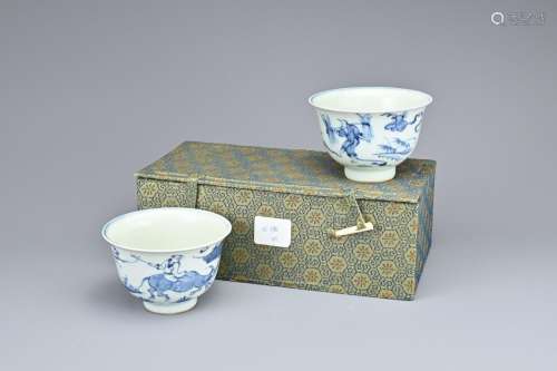 TWO CHINESE BLUE AND WHITE PORCELAIN TEA BOWLS
