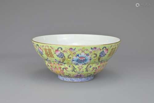 A CHINESE LIME-GREEN GROUND FAMILLE ROSE PORCELAIN OGEE FORM...