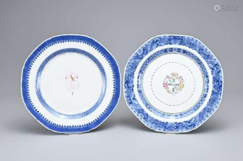 TWO CHINESE OCTAGONAL ARMORIAL DISHES, 18TH CENTURY