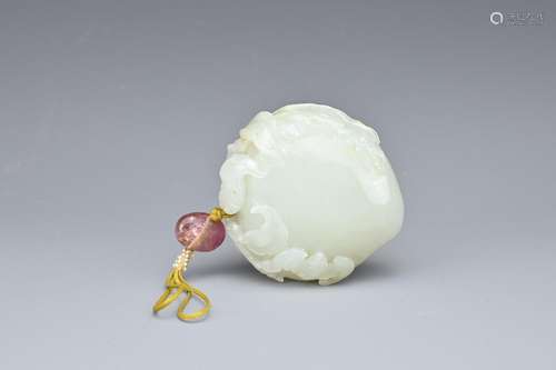 A CHINESE PALE CELADON JADE PEACH AND BAT GROUP, QING DYNAST...