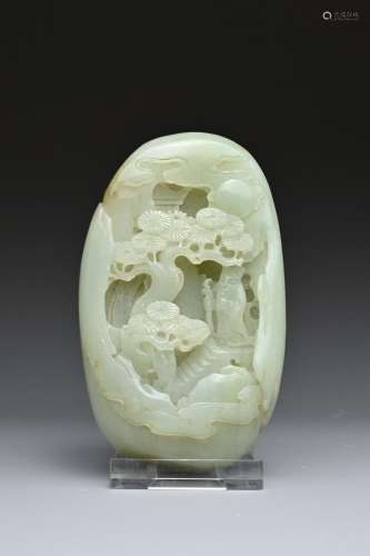 A CHINESE PALE CELADON JADE PEBBLE CARVING