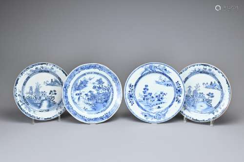 A GROUP OF FOUR CHINESE BLUE AND WHITE PORCELAIN DISHES, 18T...