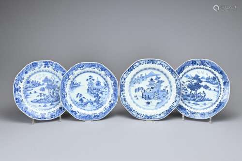 FOUR CHINESE BLUE AND WHITE PORCELAIN DISHES, 18TH CENTURY