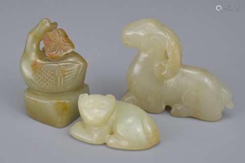 THREE CHINESE CARVED CELADON JADE ITEMS