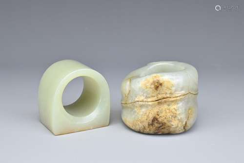 TWO CHINESE CELADON JADE ARCHER'S RINGS