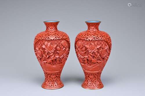 A PAIR OF CHINESE CARVED CINNABAR LACQUER VASES, EARLY 20TH ...