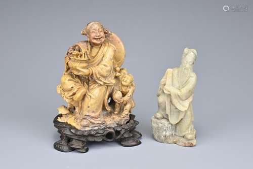 TWO CHINESE SOAPSTONE CARVINGS OF IMMORTALS, EARLY 20TH CENT...