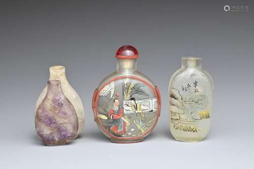 THREE CHINESE STONE AND GLASS SNUFF BOTTLES, 19/20TH CENTURY