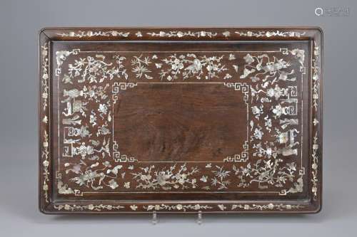 A LARGE CHINESE HARDWOOD MOTHER OF PEARL INLAY TRAY, 19/20TH...