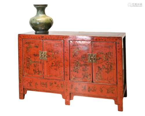 A CHINESE RED AND BLACK LACQUER ELM SIDE BOARD, SHANXI PROVI...