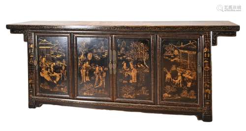 A LARGE CHINESE BLACK LACQUER AND GILT DECORATED SIDEBOARD, ...