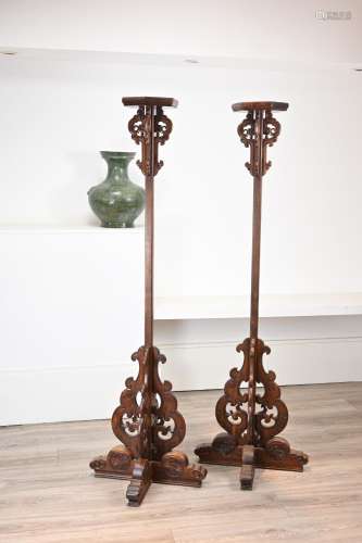 A PAIR OF CHINESE HEAVY HARDWOOD LANTERN STANDS, 19/EARLY 20...