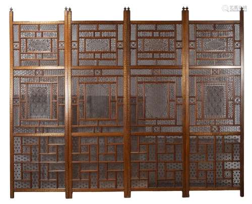 AN INDIAN FOUR PANEL TEAK WOOD AND BRASS INLAID SCREEN, 19TH...