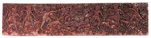 A LARGE INDONESIAN BALINESE RED LACQUER CAVRED WOOD PANEL