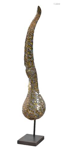 A TALL THAI WOOD AND GLASS INLAID FINIAL, NAGA CHOFA