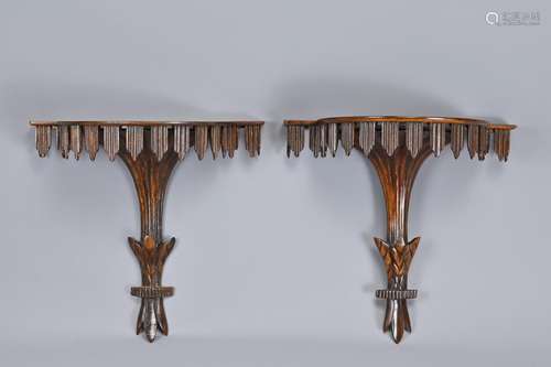 A PAIR OF CARVED HARDWOOD WALL BRACKETS, SCONCES