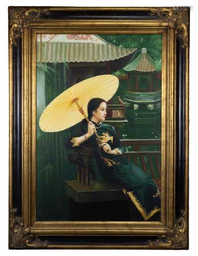 H. LEE (CONTEMPORARY), PORTRAIT OF A LADY HOLDING A PARASOL,...