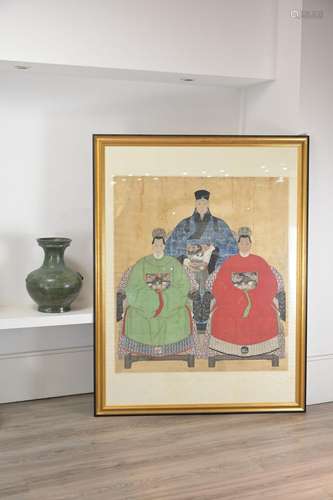 A VERY LARGE CHINESE FRAMED ANCESTOR PORTRAIT, 19TH CENTURY