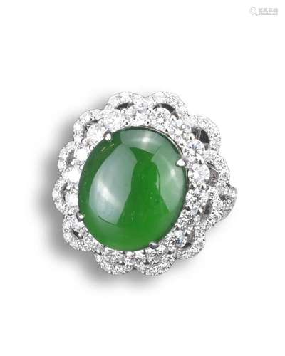 AN 18CT WHITE GOLD, DIAMOND AND JADEITE DRESS RING