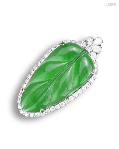 A WHITE GOLD, DIAMOND AND JADEITE LEAF-SHAPED PENDANT