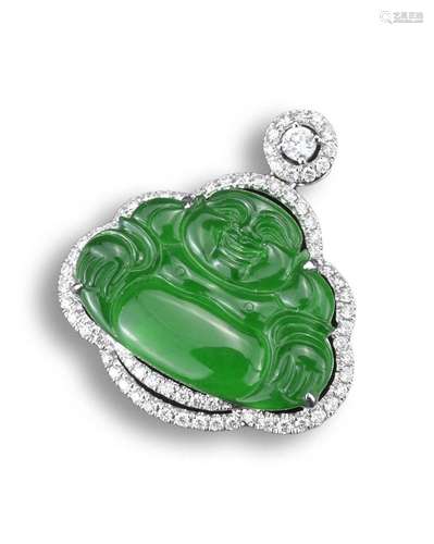 AN 18KT WHITE GOLD, DIAMOND AND JADEITE BUDDHA PENDANT