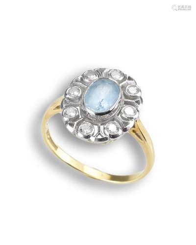 AN ANTIQUE 18CT GOLD AQUAMARINE DIAMOND CLUSTER RING