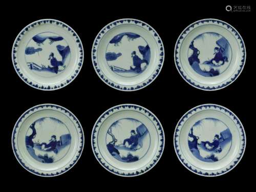 Six Blue and White Dishes, Tianqi明天启 青花人物图盘 一组六件