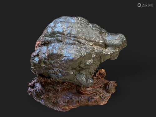 A Scholar's Rock resembling a Turtle, with mid Qing fitted w...