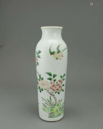 A Wucai Sleeve Vase, Transitional转变期 五彩花鸟筒瓶