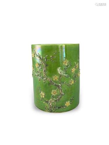 A Green Biscuit Brushpot, Guangxu清光绪 绿釉雕瓷花鸟纹笔筒